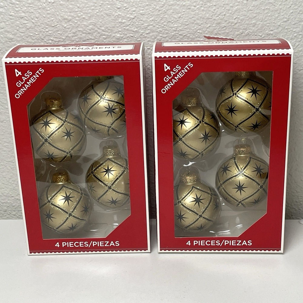 Holiday Time Gold Glass Christmas Ornaments Black Stars Glitter NIB Lot of 8